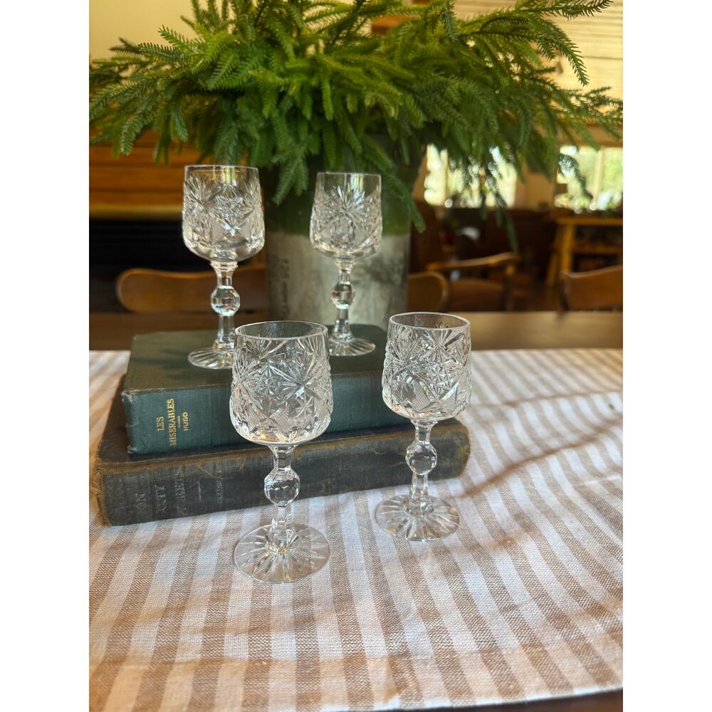 Vintage German Cut Crystal Cordial Glasses, set of 4, Star and Diamond Pattern